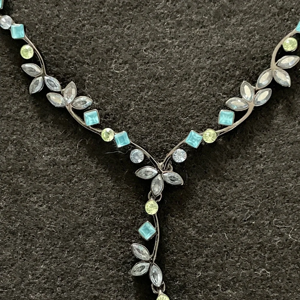 Sapphire Drop Pendant/Necklace Blue/Dark Silver Grey 14-17” Soft Delicate